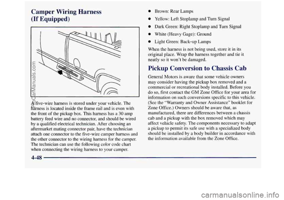 GMC SIERRA 1998  Owners Manual Camper  Wiring  Harness 
(If Equipped) 
~~~ 
A five-wire harness is stored under your  vehicle. The 
harness is located inside the frame  rail and is  even  with 
the front  of the pickup  box. This  