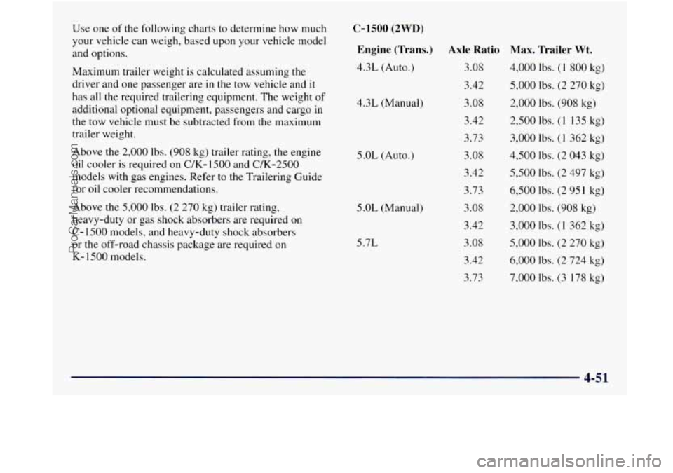 GMC SIERRA 1998  Owners Manual Use  one of the  following  charts to determine  how much 
your vehicle can weigh, based upon your vehicle model 
and  options. 
Maximum  trailer weight is  calculated assuming the 
driver  and one  p