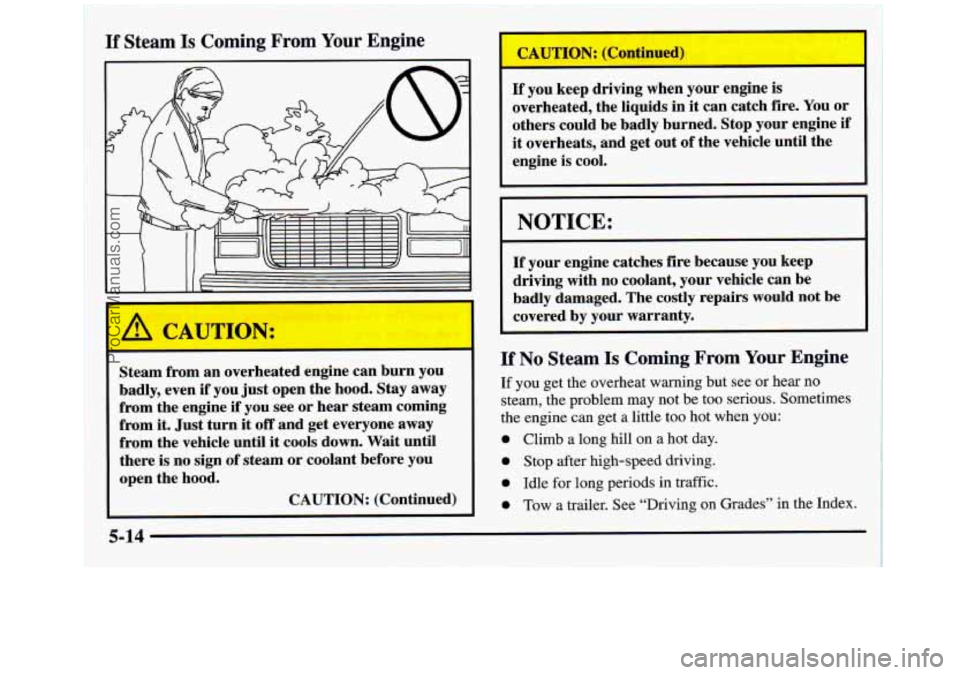 GMC SIERRA 1998  Owners Manual If Steam Is Coming From Your Engine 
I 
Steam  from  an overheated  engine  can burn  you 
badly,  even  if  you  just open  the hood.  Stay  away 
from  the engine 
if you  see  or hear  steam  comin
