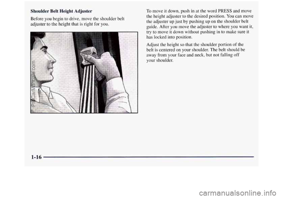 GMC SIERRA 1998  Owners Manual Shoulder Belt Height  Adjuster 
Before  you begin to  drive, move the shoulder  belt 
adjuster  to the height that 
is right for you. 
To move it down, push in  at the  word PRESS and  move 
the heigh