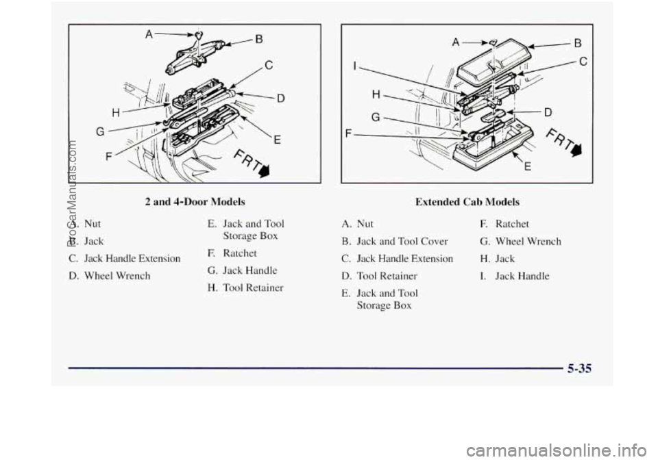 GMC SIERRA 1998  Owners Manual G 
2 and 4-DOOr Models 
A. Nut 
B. Jack 
C. Jack  Handle  Extension 
D. Wheel Wrench 
E. Jack and Tool 
Storage Box 
E Ratchet 
G. Jack Handle 
H. Tool Retainer 
I 
F- 
Extended Cab Models 
A. Nut 
B.