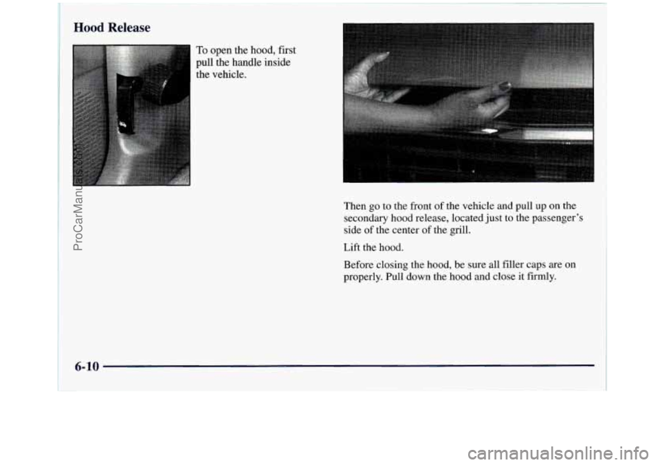 GMC SIERRA 1998  Owners Manual Hood Release 
To open the hood, first 
pull  the  handle  inside 
the  vehicle. 
Then 
go to the  front  of the  vehicle  and pull up on the 
secondary hood release, located  just to the passenger’s
