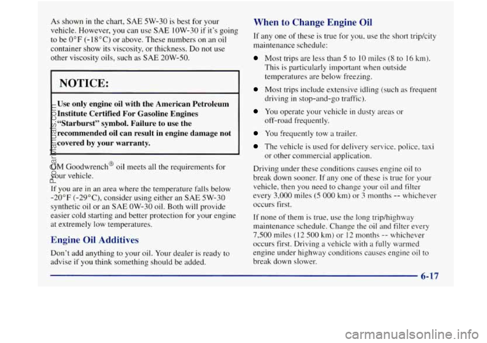 GMC SIERRA 1998  Owners Manual As shown in the  chart, SAE 5W-30  is best for your 
vehicle. However, 
you can  use SAE 1OW-30  if  it’s  going 
to  be 
0°F (- 18 “C) or  above.  These  numbers on an oil 
container  show 
its 