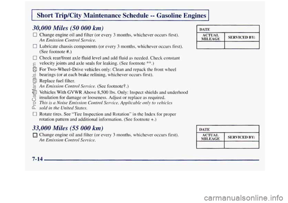 GMC SIERRA 1998  Owners Manual I Short  TripKity  Maintenance Schedule -- Gasoline  Engines I 
30,000 Miles (50 000 km) 
0 Change engine oil and filter  (or every 3 months, whichever occurs  first). 
An Emission  Control  Service. 