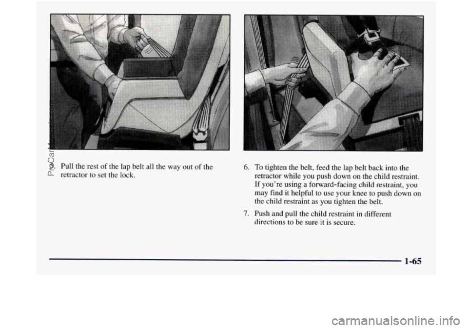 GMC SIERRA 1998  Owners Manual 5. Pull the rest of the lap belt all  the way  out of the 
retractor to set the lock. 6. To tighten the belt, feed the lap belt back into the 
retractor while  you push down  on the child restraint. 
