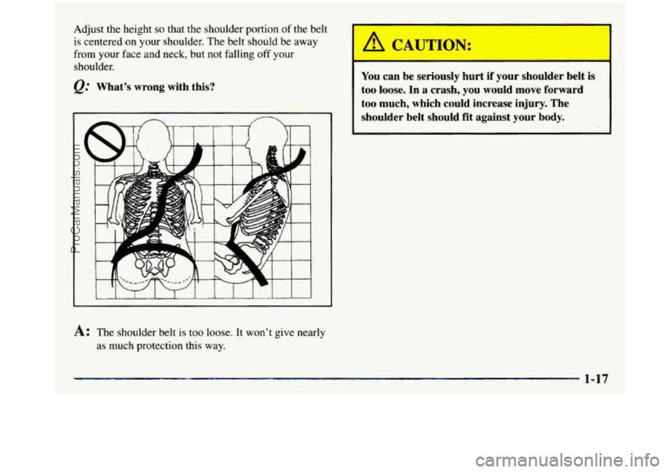 GMC SIERRA 1997  Owners Manual Adjust the height so that  the shoulder  portion of the  belt 
is centered  on your  shoulder.  The belt  should  be  away 
from  your  face and neck,  but  not  falling off your 
shoulder. 
&: What