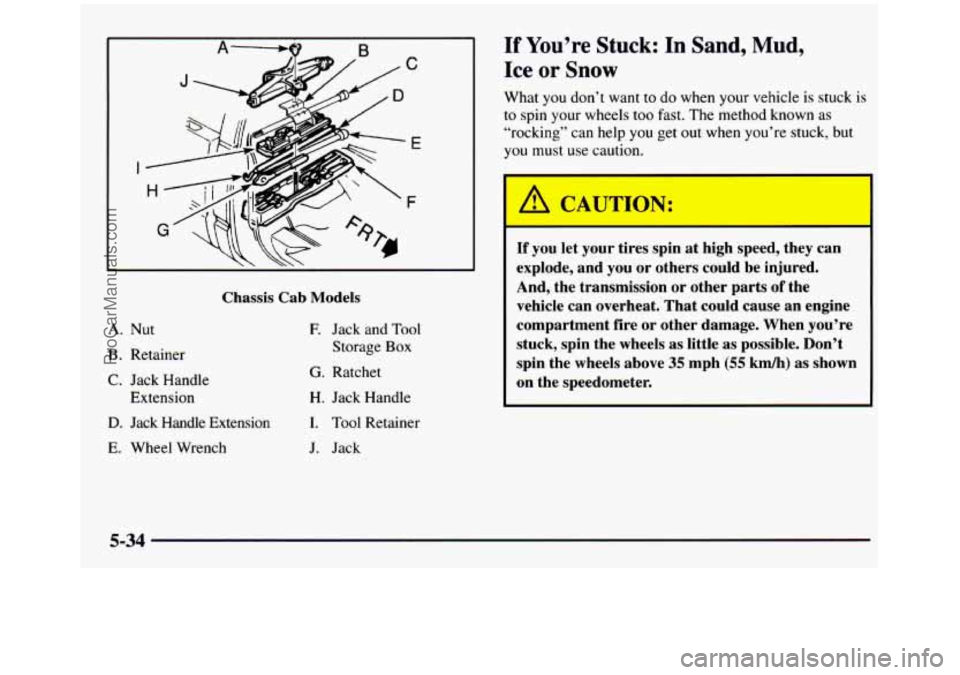 GMC SIERRA 1997  Owners Manual C 
E 
I 
F 
Chassis  Cab Models 
A. Nut 
B. Retainer 
C. Jack  Handle 
Extension 
D. Jack  Handle  Extension 
E. Wheel  Wrench 
E Jack  and Tool 
Storage Box 
G. Ratchet 
H. Jack  Handle 
I. Tool  Ret