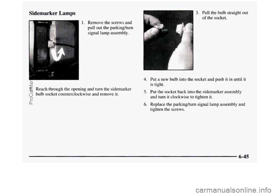 GMC SIERRA 1997  Owners Manual Sidemarker  Lamps 
1. Remove  the  screws  and 
pull  out the parkinghum 
signal lamp  assembly. 
2. Reach  through  the  opening  and  turn  the  sidemarker 
bulb  socket  counterclockwise  and  remo