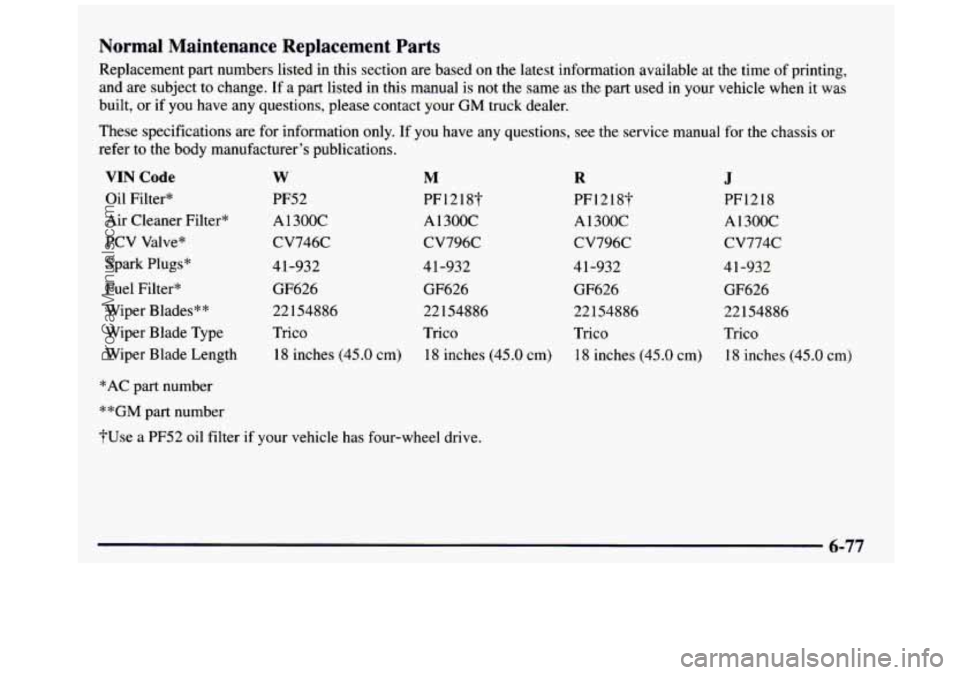 GMC SIERRA 1997 Owners Manual Normal Maintenance Replacement Parts
Replacement part numbers listed in this section are based on the latest information available at the time of printing,
and are subject to change. I GMC SIERRA 1997 Owners Manual Normal Maintenance Replacement Parts
Replacement part numbers listed in this section are based on the latest information available at the time of printing,
and are subject to change. I