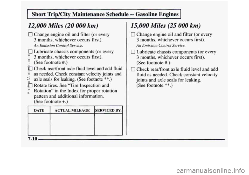 GMC SIERRA 1997  Owners Manual Short  TripKity  Maintenance  Schedule -- Gasoline  Engines 
12,000 Miles (20 000 km) 
0 Change engine oil and filter (or  every 
3 months, whichever occurs first). 
An Emission Control Service. 
0 Lu