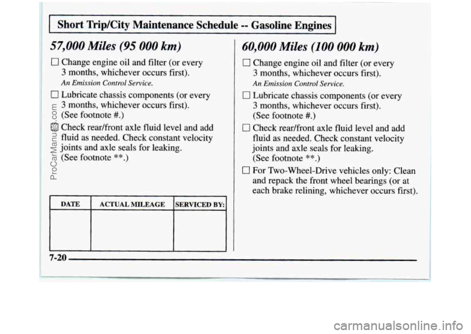GMC SIERRA 1997  Owners Manual I Short  Trip/City  Maintenance  Schedule -- Gasoline  Engines I 
57,000 Miles (95 000 km) 
0 Change engine oil  and  filter  (or  every 
3 months,  whichever  occurs first). 
An Emission  Control Ser