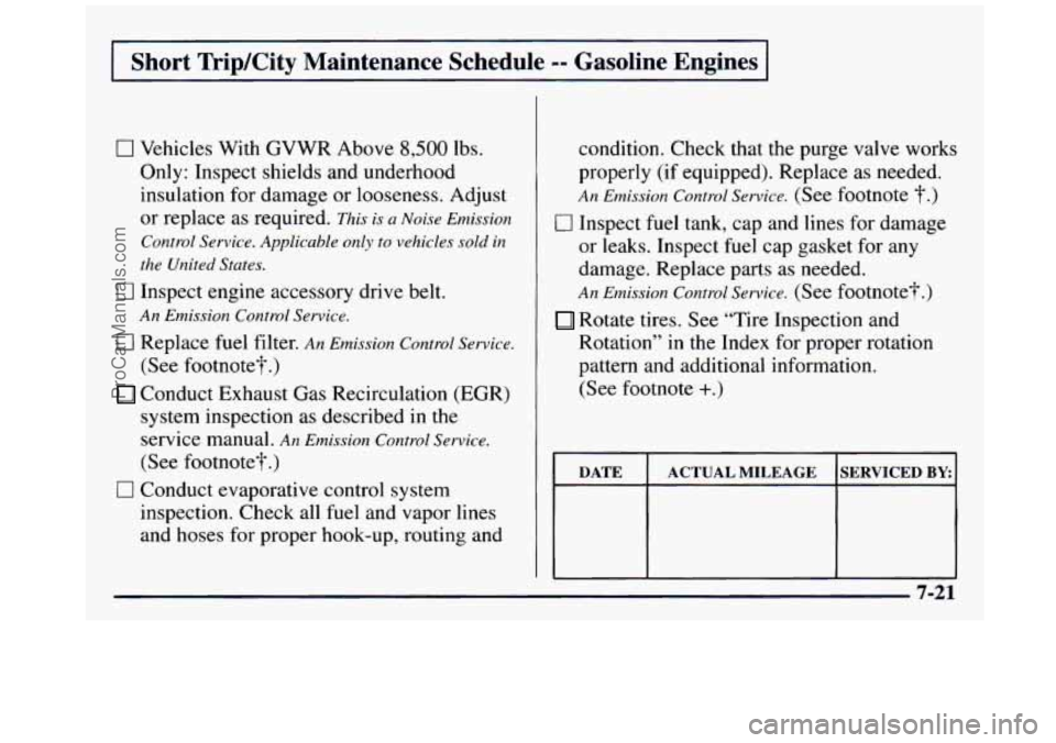 GMC SIERRA 1997 Owners Manual I Short TripKity Maintenance Schedule == Gasoline Engines 1
0 Vehicles With GVWR Above 8,500 lbs.
Only: Inspect shields and underhood
insulation for damage or looseness. Adjust
or replace a GMC SIERRA 1997 Owners Manual I Short TripKity Maintenance Schedule == Gasoline Engines 1
0 Vehicles With GVWR Above 8,500 lbs.
Only: Inspect shields and underhood
insulation for damage or looseness. Adjust
or replace a