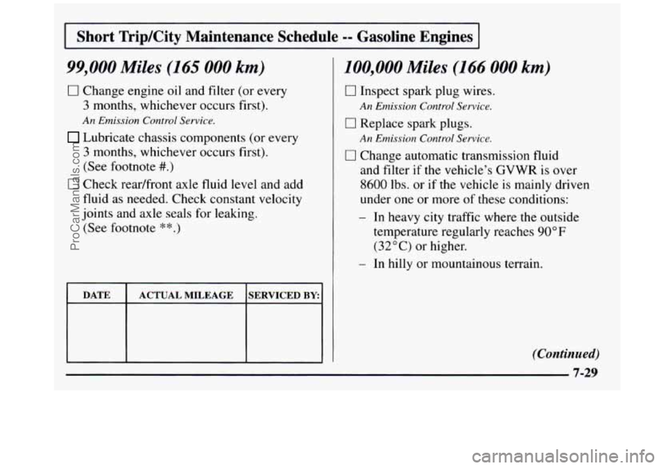 GMC SIERRA 1997  Owners Manual I Short  Trip/City  Maintenance  Schedule -- Gasoline  Engines [ 
99,000 Miles (145 000 km) 
0 Change engine oil and filter (or every 
3 months, whichever occurs first). 
An Emission  Control Service.