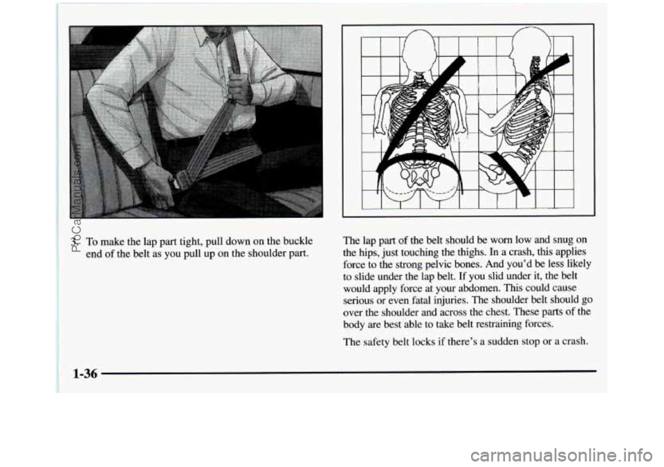 GMC SIERRA 1997  Owners Manual 3. To make  the lap part  tight,  pull  down  on  the  buckle 
end  of the  belt  as  you  pull  up  on the  shoulder 
part. 
The  lap  part  of  the  belt  should  be  worn  low  and  snug  on 
the  