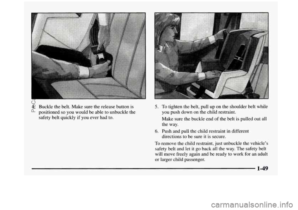 GMC SIERRA 1997  Owners Manual 4. Buckle  the  belt. Make sure  the  release  button  is 
positioned 
so you  would  be  able  to  unbuckle  the 
safety  belt quickly 
if you ever  had  to. 
5. To tighten  the  belt,  pull up on th