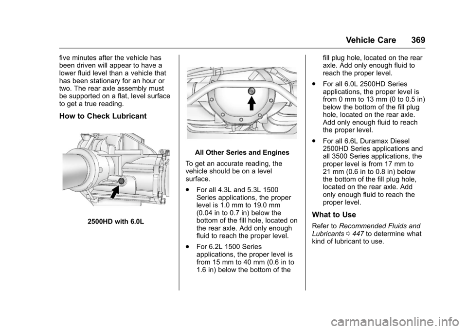 GMC SIERRA 1500 2017 Owners Manual GMC Sierra/Sierra Denali Owner Manual (GMNA-Localizing-U.S./Canada/
Mexico-9955992) - 2017 - crc - 5/3/16
Vehicle Care 369
five minutes after the vehicle has
been driven will appear to have a
lower fl GMC SIERRA 1500 2017 Owners Manual GMC Sierra/Sierra Denali Owner Manual (GMNA-Localizing-U.S./Canada/
Mexico-9955992) - 2017 - crc - 5/3/16
Vehicle Care 369
five minutes after the vehicle has
been driven will appear to have a
lower fl
