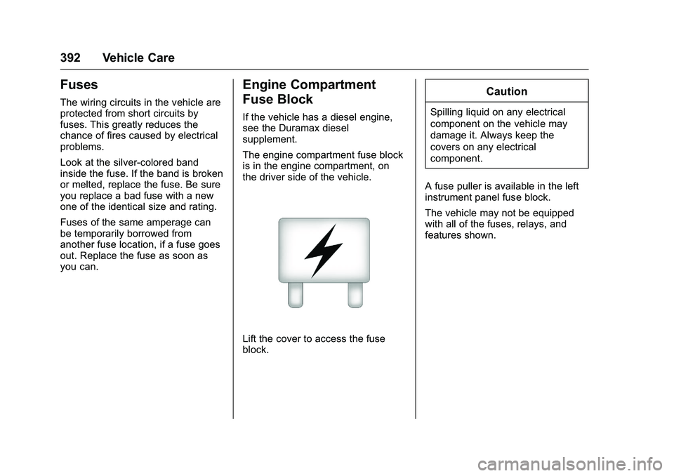 GMC SIERRA 1500 2016 Owners Manual GMC Sierra Owner Manual (GMNA-Localizing-U.S./Canada/Mexico-
9234758) - 2016 - crc - 11/9/15
392 Vehicle Care
Fuses
The wiring circuits in the vehicle are
protected from short circuits by
fuses. This GMC SIERRA 1500 2016 Owners Manual GMC Sierra Owner Manual (GMNA-Localizing-U.S./Canada/Mexico-
9234758) - 2016 - crc - 11/9/15
392 Vehicle Care
Fuses
The wiring circuits in the vehicle are
protected from short circuits by
fuses. This