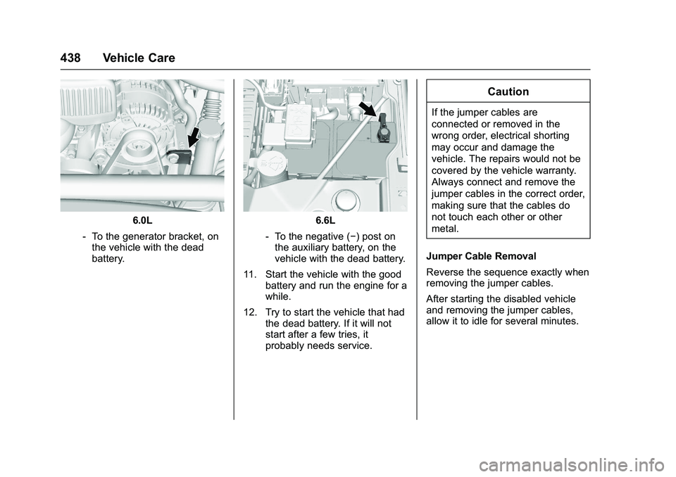 GMC SIERRA 1500 2016  Owners Manual GMC Sierra Owner Manual (GMNA-Localizing-U.S./Canada/Mexico-
9234758) - 2016 - crc - 11/9/15
438 Vehicle Care
6.0L
‐ To the generator bracket, on
the vehicle with the dead
battery.6.6L
‐ To the ne