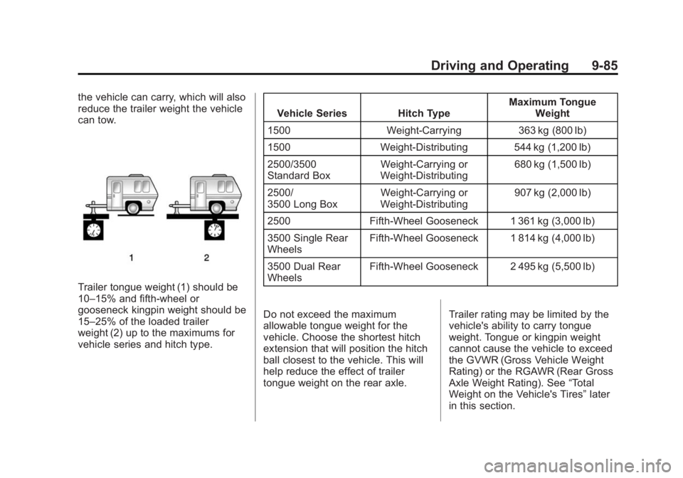 GMC SIERRA 1500 2015 Owners Manual Black plate (85,1)GMC Sierra Owner Manual (GMNA Localizing-U.S/Canada/Mexico-
7299746) - 2015 - crc - 11/11/13
Driving and Operating 9-85
the vehicle can carry, which will also
reduce the trailer weig GMC SIERRA 1500 2015 Owners Manual Black plate (85,1)GMC Sierra Owner Manual (GMNA Localizing-U.S/Canada/Mexico-
7299746) - 2015 - crc - 11/11/13
Driving and Operating 9-85
the vehicle can carry, which will also
reduce the trailer weig