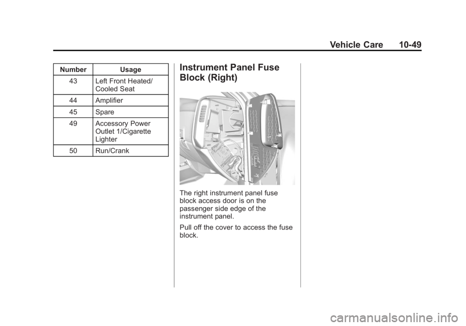 GMC SIERRA 1500 2014  Owners Manual Black plate (49,1)GMC Sierra Owner Manual (GMNA-Localizing-U.S./Canada/Mexico-
5853626) - 2014 - 3rd crc - 8/15/13
Vehicle Care 10-49
Number Usage43 Left Front Heated/ Cooled Seat
44 Amplifier
45 Spar