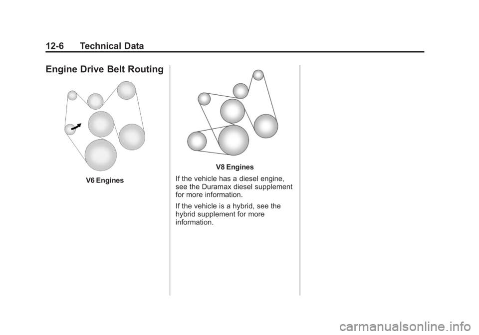 GMC SIERRA 1500 2013  Owners Manual Black plate (6,1)GMC Sierra Owner Manual - 2013 - crc - 8/14/12
12-6 Technical Data
Engine Drive Belt Routing
V6 Engines
V8 Engines
If the vehicle has a diesel engine,
see the Duramax diesel supplemen