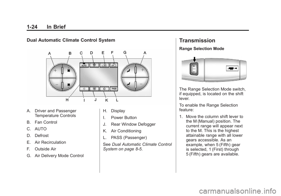 GMC SIERRA 1500 2012  Owners Manual Black plate (24,1)GMC Sierra Owner Manual - 2012 - CRC - 11/15/11
1-24 In Brief
Dual Automatic Climate Control System
A. Driver and PassengerTemperature Controls
B. Fan Control
C. AUTO
D. Defrost
E. A