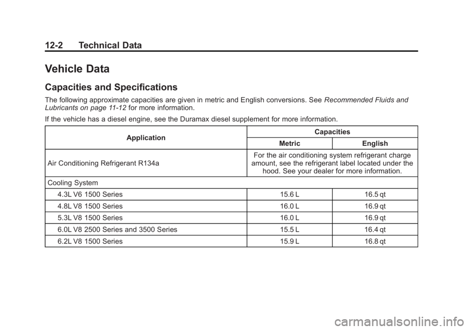 GMC SIERRA 1500 2012  Owners Manual Black plate (2,1)GMC Sierra Owner Manual - 2012 - CRC - 11/15/11
12-2 Technical Data
Vehicle Data
Capacities and Specifications
The following approximate capacities are given in metric and English con