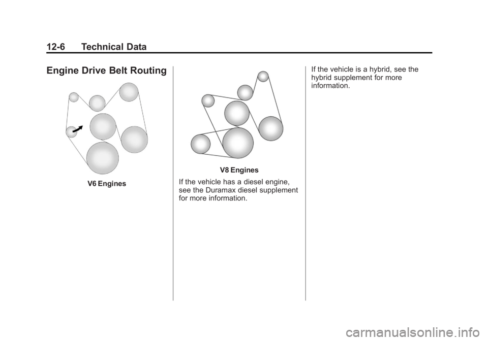 GMC SIERRA 1500 2012  Owners Manual Black plate (6,1)GMC Sierra Owner Manual - 2012 - CRC - 11/15/11
12-6 Technical Data
Engine Drive Belt Routing
V6 Engines
V8 Engines
If the vehicle has a diesel engine,
see the Duramax diesel suppleme