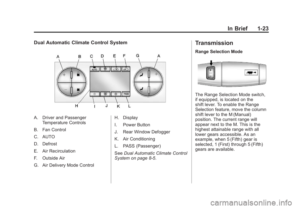 GMC SIERRA 1500 2011  Owners Manual Black plate (23,1)GMC Sierra Owner Manual - 2011
In Brief 1-23
Dual Automatic Climate Control System
A. Driver and PassengerTemperature Controls
B. Fan Control
C. AUTO
D. Defrost
E. Air Recirculation
