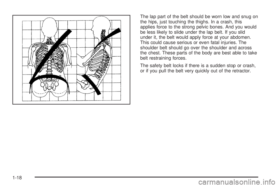 GMC SIERRA 1500 2006  Owners Manual The lap part of the belt should be worn low and snug on
the hips, just touching the thighs. In a crash, this
applies force to the strong pelvic bones. And you would
be less likely to slide under the l