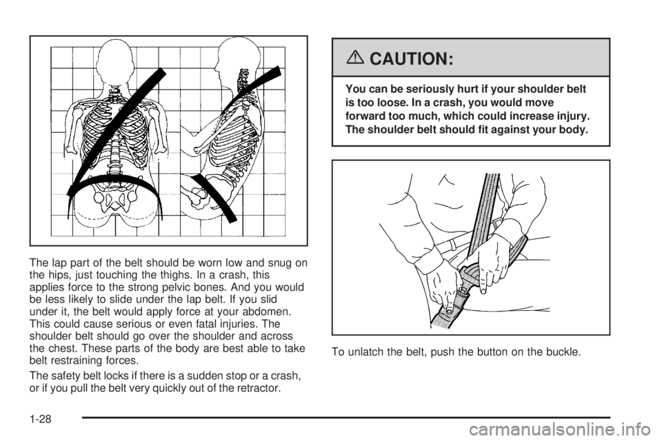 GMC SIERRA 1500 2006  Owners Manual The lap part of the belt should be worn low and snug on
the hips, just touching the thighs. In a crash, this
applies force to the strong pelvic bones. And you would
be less likely to slide under the l