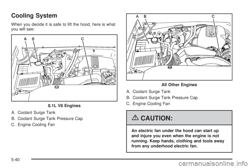 GMC SIERRA 1500 2006  Owners Manual Cooling System
When you decide it is safe to lift the hood, here is what
you will see:
A. Coolant Surge Tank
B. Coolant Surge Tank Pressure Cap
C. Engine Cooling FanA. Coolant Surge Tank
B. Coolant Su