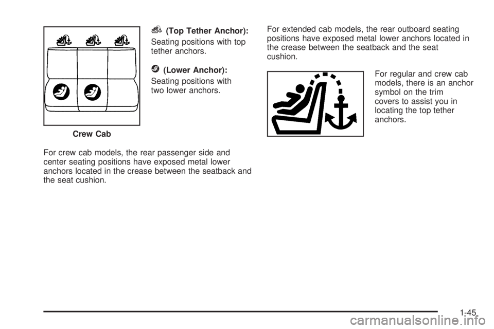 GMC SIERRA 1500 2006  Owners Manual i(Top Tether Anchor):
Seating positions with top
tether anchors.
j(Lower Anchor):
Seating positions with
two lower anchors.
For crew cab models, the rear passenger side and
center seating positions ha