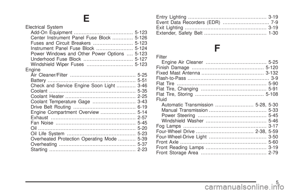 GMC SIERRA 1500 2006  Owners Manual E
Electrical System
Add-On Equipment.....................................5-123
Center Instrument Panel Fuse Block.............5-126
Fuses and Circuit Breakers.........................5-123
Instrument 