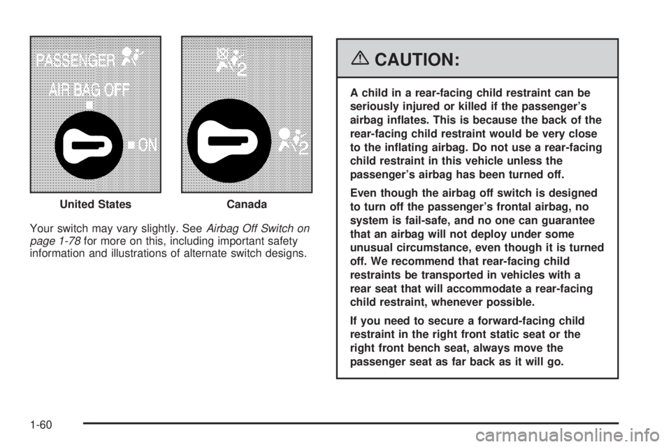 GMC SIERRA 1500 2006 Owners Manual Your switch may vary slightly. SeeAirbag Off Switch on
page 1-78for more on this, including important safety
information and illustrations of alternate switch designs.
{CAUTION:
A child in a rear-faci GMC SIERRA 1500 2006 Owners Manual Your switch may vary slightly. SeeAirbag Off Switch on
page 1-78for more on this, including important safety
information and illustrations of alternate switch designs.
{CAUTION:
A child in a rear-faci