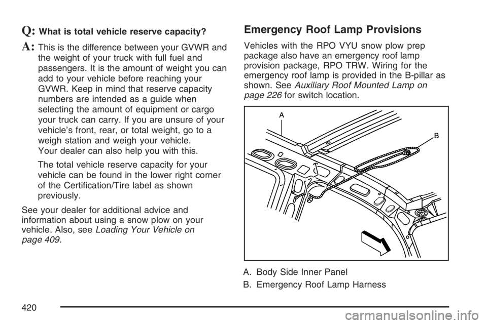 GMC SIERRA CLASSIC 2007 Owners Manual Q:What is total vehicle reserve capacity?
A:This is the difference between your GVWR and
the weight of your truck with full fuel and
passengers. It is the amount of weight you can
add to your vehicle GMC SIERRA CLASSIC 2007 Owners Manual Q:What is total vehicle reserve capacity?
A:This is the difference between your GVWR and
the weight of your truck with full fuel and
passengers. It is the amount of weight you can
add to your vehicle