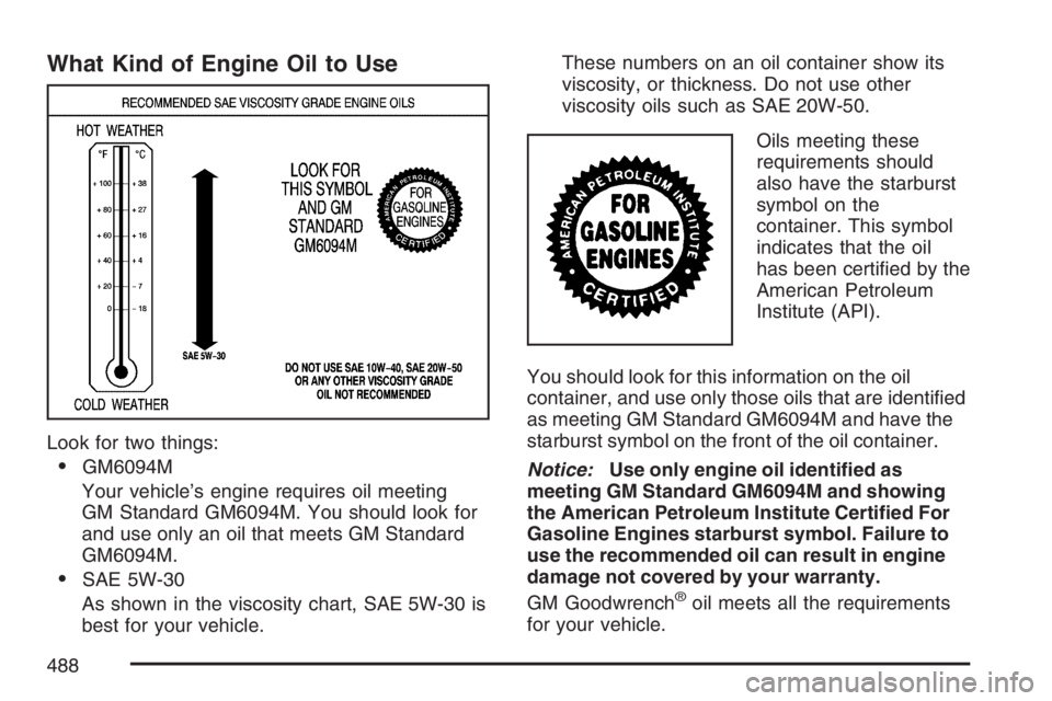 GMC SIERRA CLASSIC 2007 Owners Manual What Kind of Engine Oil to Use
Look for two things:
GM6094M
Your vehicle’s engine requires oil meeting
GM Standard GM6094M. You should look for
and use only an oil that meets GM Standard
GM6094M.
GMC SIERRA CLASSIC 2007 Owners Manual What Kind of Engine Oil to Use
Look for two things:
GM6094M
Your vehicle’s engine requires oil meeting
GM Standard GM6094M. You should look for
and use only an oil that meets GM Standard
GM6094M.
