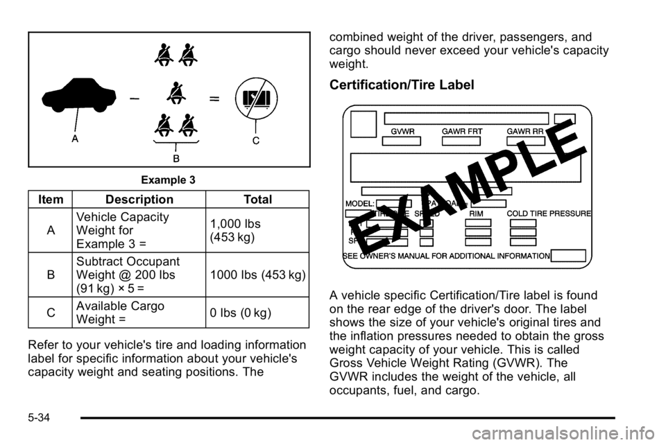 GMC SIERRA DENALI 2010  Owners Manual Example 3
Item DescriptionTotal
A Vehicle Capacity
Weight for
Example 3 = 1,000 lbs
(453 kg)
B Subtract Occupant
Weight @ 200 lbs
(91 kg) × 5 = 1000 lbs (453 kg)
C Available Cargo
Weight =
0 lbs (0 k