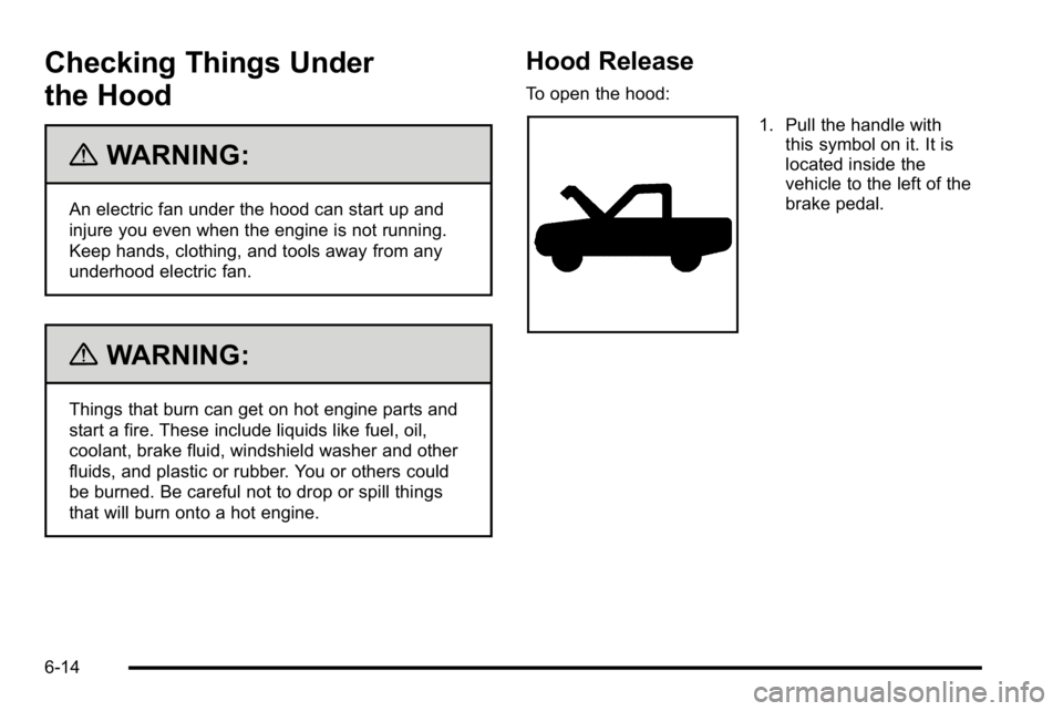 GMC SIERRA DENALI 2010  Owners Manual Checking Things Under
the Hood
{WARNING:
An electric fan under the hood can start up and
injure you even when the engine is not running.
Keep hands, clothing, and tools away from any
underhood electri