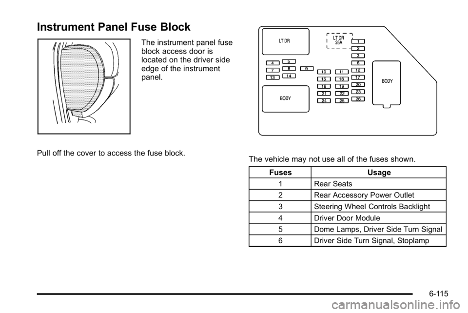 GMC SIERRA DENALI 2010  Owners Manual Instrument Panel Fuse Block
The instrument panel fuse
block access door is
located on the driver side
edge of the instrument
panel.
Pull off the cover to access the fuse block.
The vehicle may not use