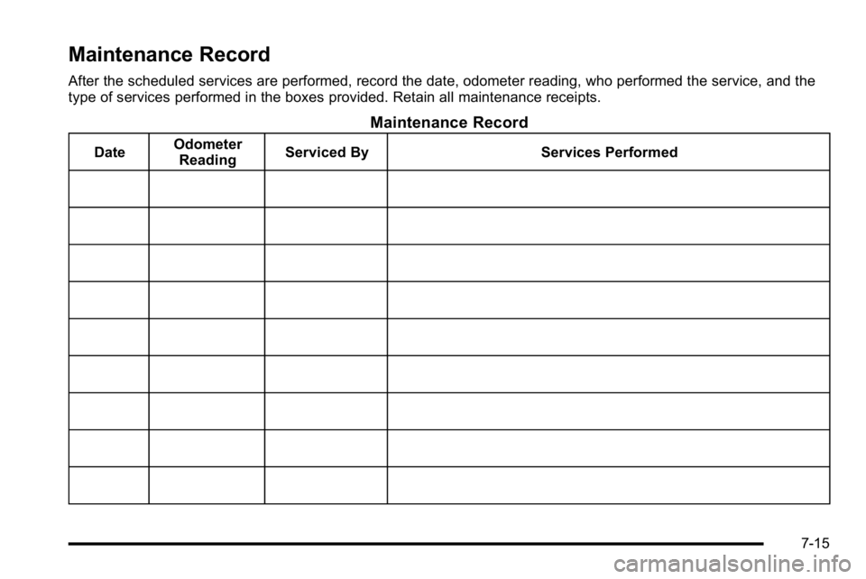 GMC SIERRA DENALI 2010  Owners Manual Maintenance Record
After the scheduled services are performed, record the date, odometer reading, who performed the service, and the
type of services performed in the boxes provided. Retain all mainte
