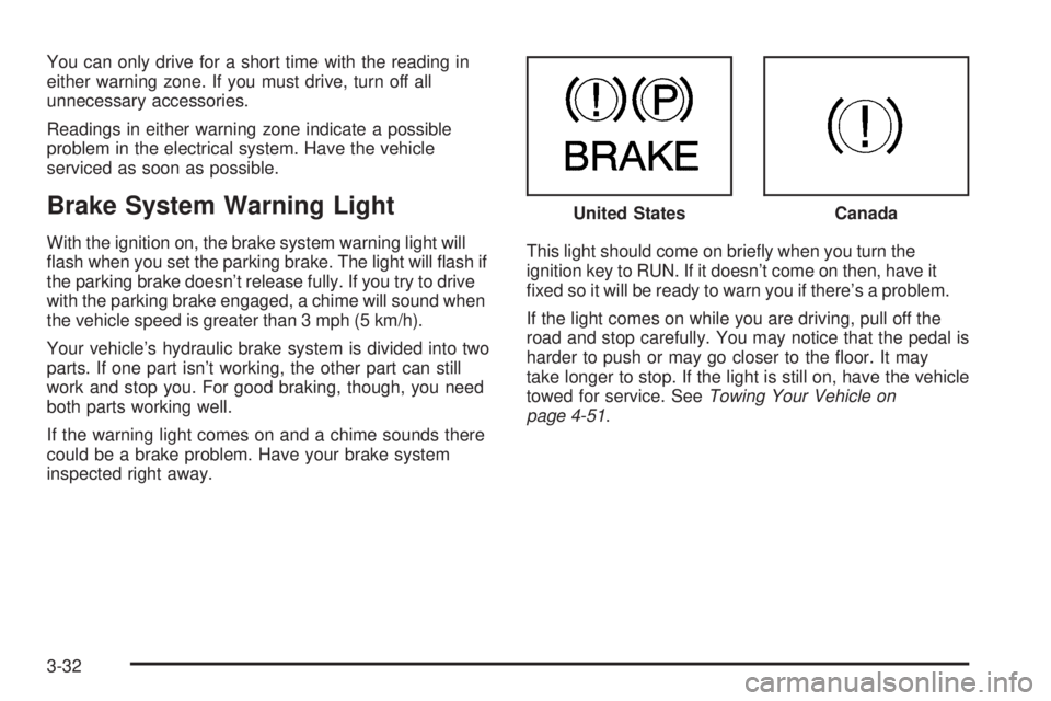 GMC SIERRA DENALI 2005 Owners Manual You can only drive for a short time with the reading in
either warning zone. If you must drive, turn off all
unnecessary accessories.
Readings in either warning zone indicate a possible
problem in the GMC SIERRA DENALI 2005 Owners Manual You can only drive for a short time with the reading in
either warning zone. If you must drive, turn off all
unnecessary accessories.
Readings in either warning zone indicate a possible
problem in the