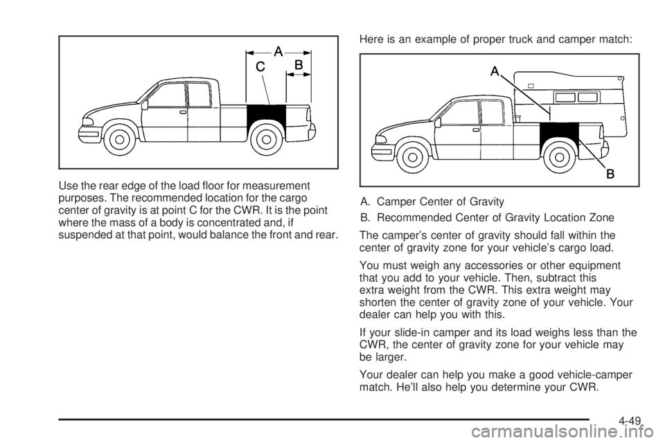 GMC SIERRA DENALI 2005  Owners Manual Use the rear edge of the load �oor for measurement
purposes. The recommended location for the cargo
center of gravity is at point C for the CWR. It is the point
where the mass of a body is concentrate