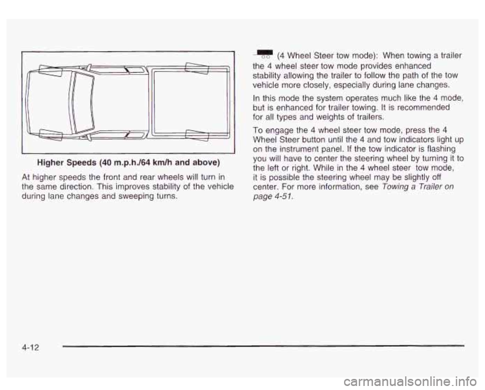 GMC SIERRA DENALI 2003  Owners Manual I 
Higher Speeds (40 m.p.h./64  km/h  and above) 
J 
At higher  speeds  the front  and rear  wheels  will turn  in 
the  same  direction. This  improves stability of the  vehicle 
during lane  changes