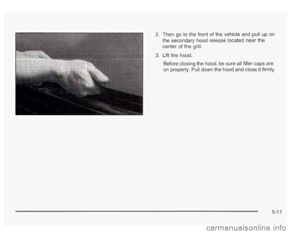 GMC SIERRA DENALI 2003  Owners Manual 2. Then go to  the front of  the  vehicle  and  pull  up on 
the  secondary  hood  release  located near the 
center  of the  grill. 
3. Lift the  hood. 
Before closing  the  hood, 
be sure all filler