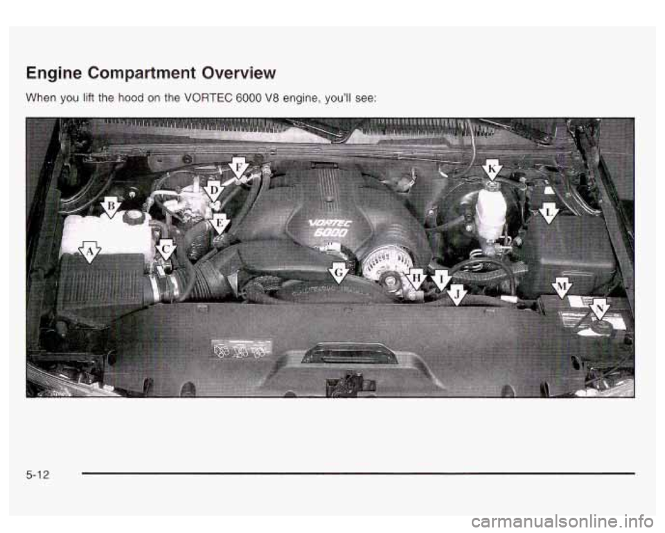GMC SIERRA DENALI 2003  Owners Manual Engine Compartment  Overview 
When you lift the hood on the VORTEC 6000 V8 engine, you’ll see: 
5-1 2  