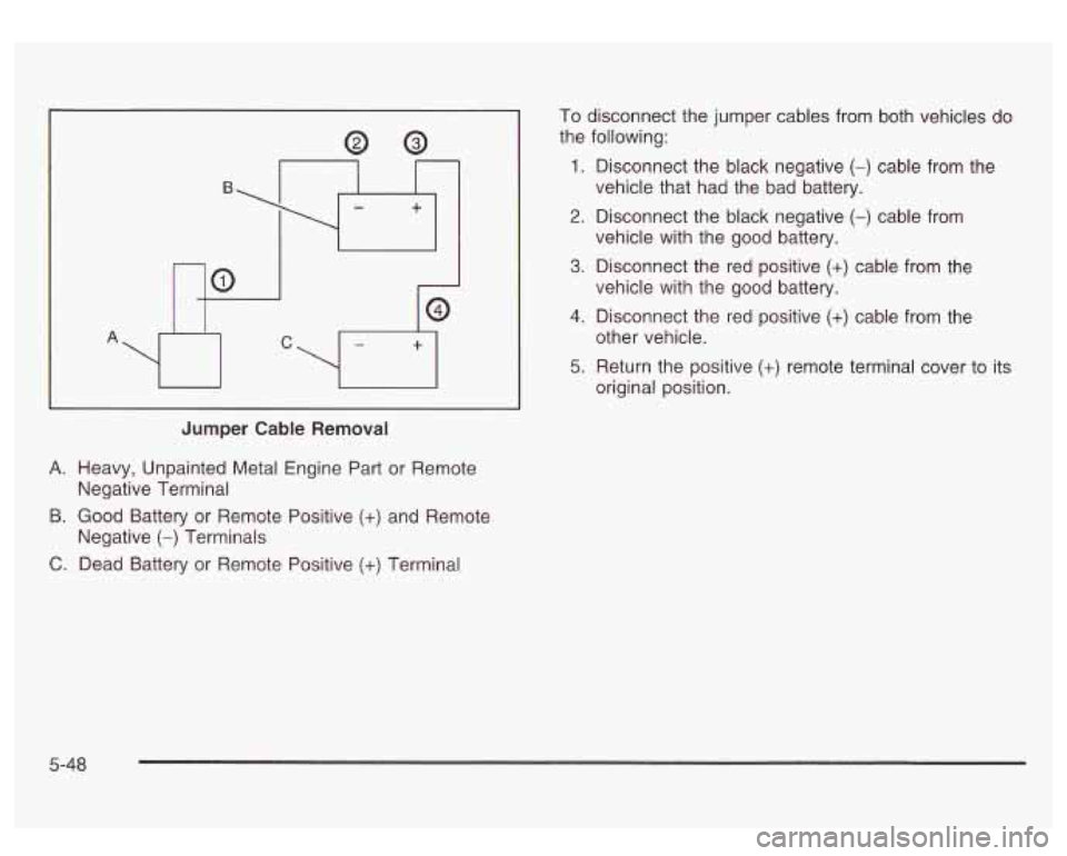 GMC SIERRA DENALI 2003  Owners Manual A 8 
Jumper Cable Removal 
A. Heavy, Unpainted Metal  Engine Part or Remote 
9. Good Battery  or Remote  Positive (+) and Remote 
C. Dead  Battery  or Remote  Positive (+) Terminal 
Negative Terminal 