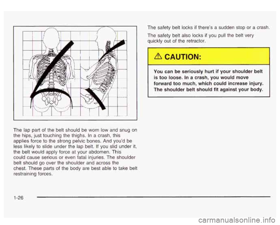GMC SIERRA DENALI 2003  Owners Manual 1 
The  lap part of the  belt should  be  worn  low  and  snug on 
the  hips, just touching the thighs.  In a  crash, this 
applies force 
to the  strong pelvic  bones.  And you’d be 
less likely 
t