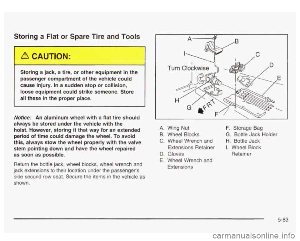 GMC SIERRA DENALI 2003  Owners Manual Storing a Flat or Spare  Tire and Tools 
--xing  a jack, a --:e,  or  ---ier  equipment in the 
passenger  compartment 
of the  vehicle  could 
cause  injury.  In  a  sudden  stop  or  collision, 
loo