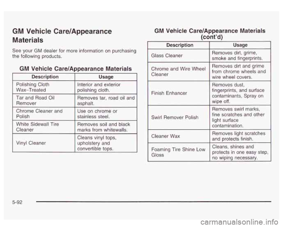 GMC SIERRA DENALI 2003  Owners Manual GM Vehicle  Care/Appearance 
Materials 
See  your  GM dealer for  more information  on purchasing 
the  following products. 
GM Vehicle  Care/Appearance  Materials 
I Description I Usage I 
Polishing 